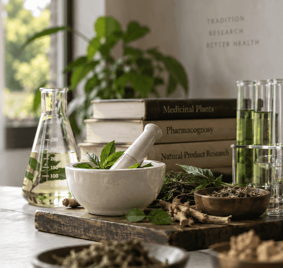 Mortar and pestle with fresh botanicals, glassware and reference books on a workbench.